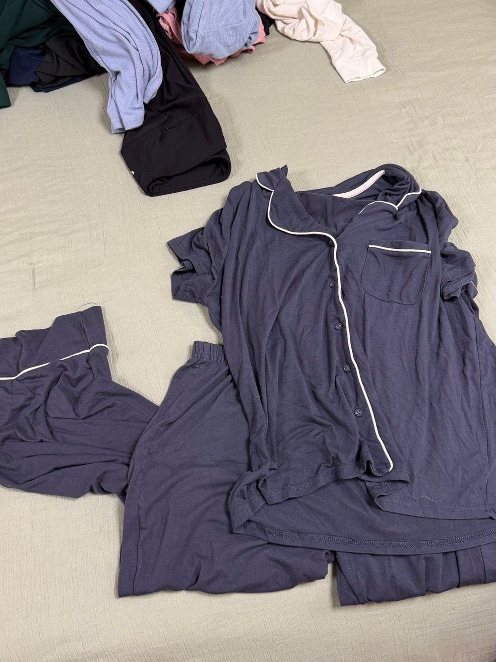 Women’s Navy Short-Sleeve Button Pajama Set with Contrast Piping